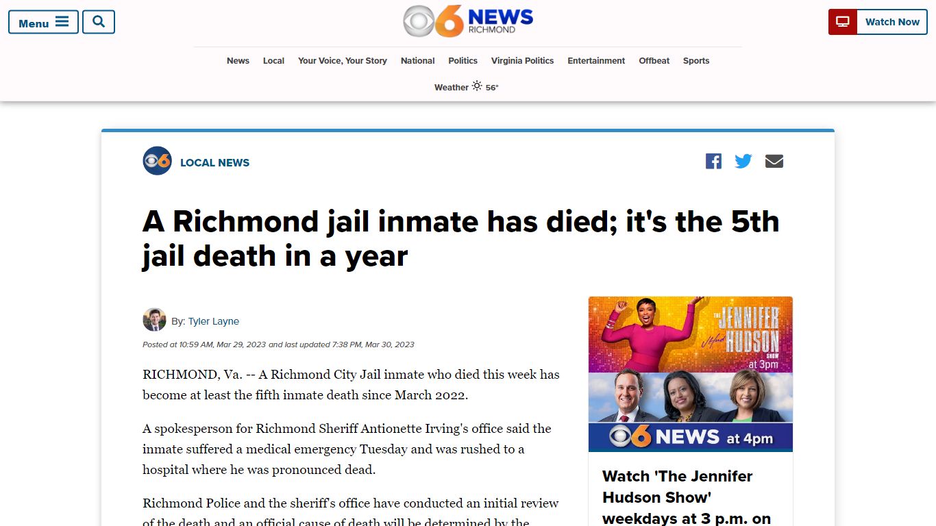 A Richmond jail inmate has died; it's the 5th jail death in a year