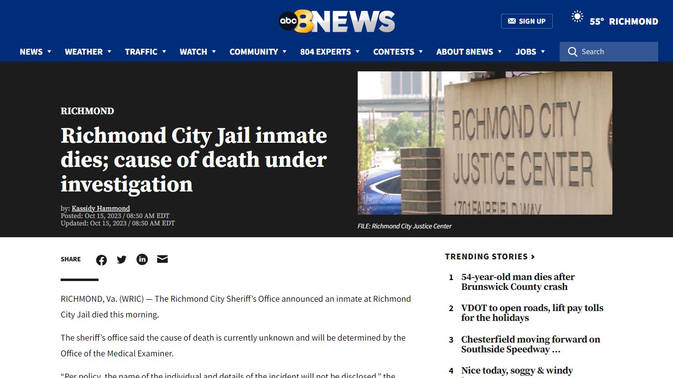 Richmond City Jail inmate dies; cause of death under investigation ...