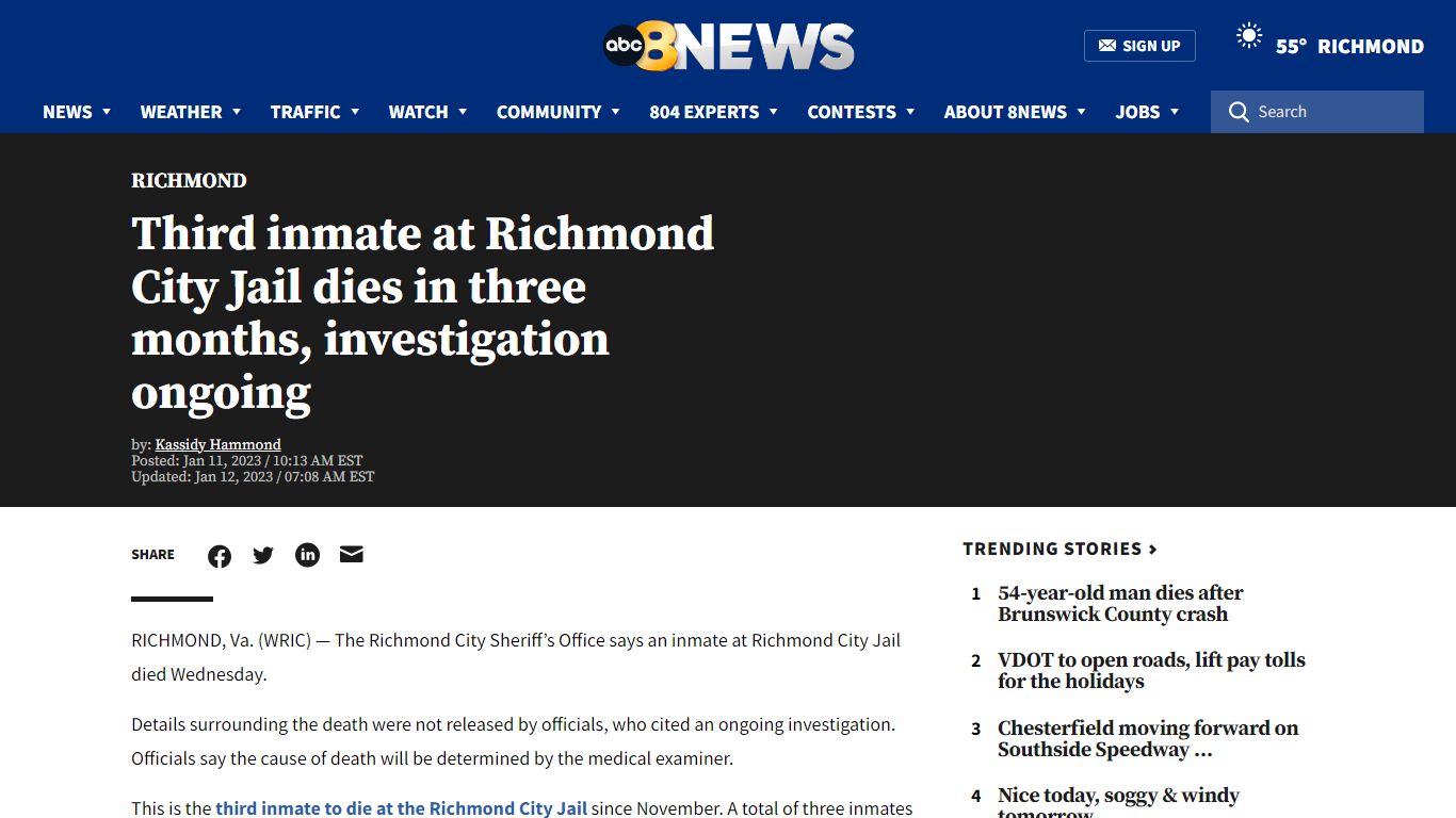 Third inmate at Richmond City Jail dies in three ... - Richmond, Virginia